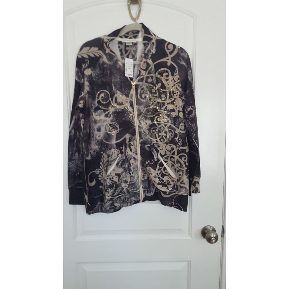 Christopher Banks NWT Zip Cardigan‎ w/Ties, bedazzled,  graffiti print, size M